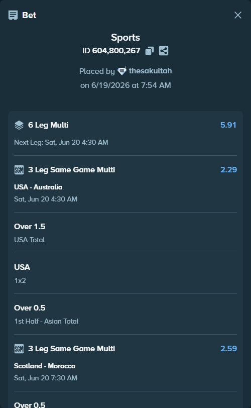 Bet slip: Scotland - Morocco, $10,779.46 stake at 1.49 odds, placed by thesakultah