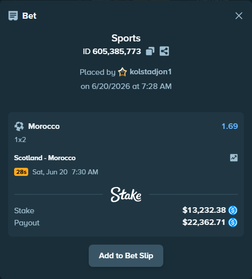 Bet slip: Scotland - Morocco, $13,232.38 stake at 1.69 odds, placed by kolstadjon1