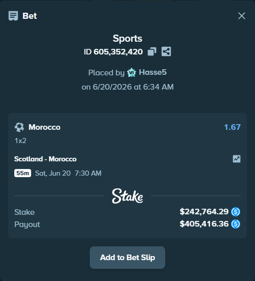 Bet slip: Scotland - Morocco, $242,764.29 stake at 1.67 odds, placed by Hasse5