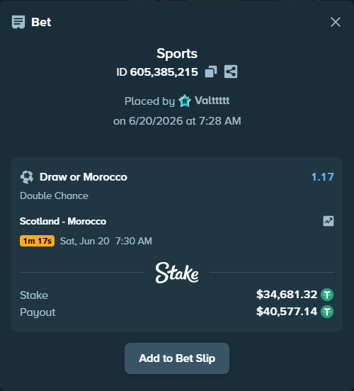 Bet slip: Scotland - Morocco, $34,716.00 stake at 1.17 odds, placed by Valttttt