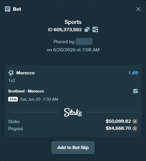 Bet slip: Scotland - Morocco, $46,881.51 stake at 1.69 odds, placed by Rosspicks