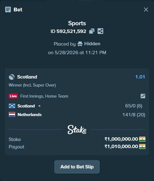 Bet slip: Scotland - Netherlands, $12,000.00 stake at 1.01 odds, placed by Hidden