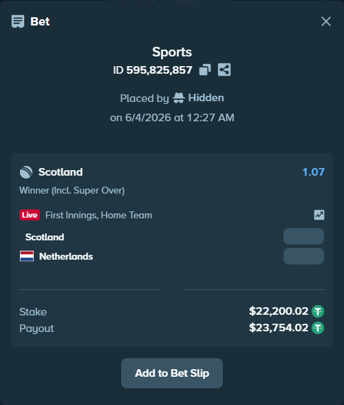 Bet slip: Scotland - Netherlands, $22,222.22 stake at 1.07 odds, placed by Hidden