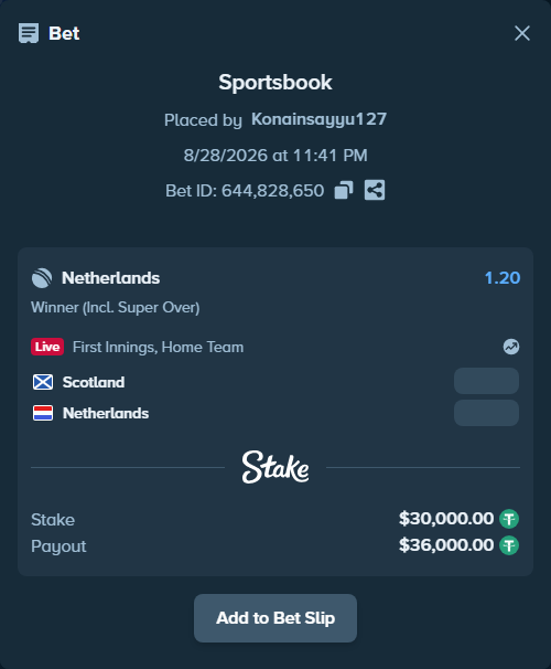 Bet slip: Scotland - Netherlands, $30,000.00 stake at 1.20 odds, placed by Konainsayyu127