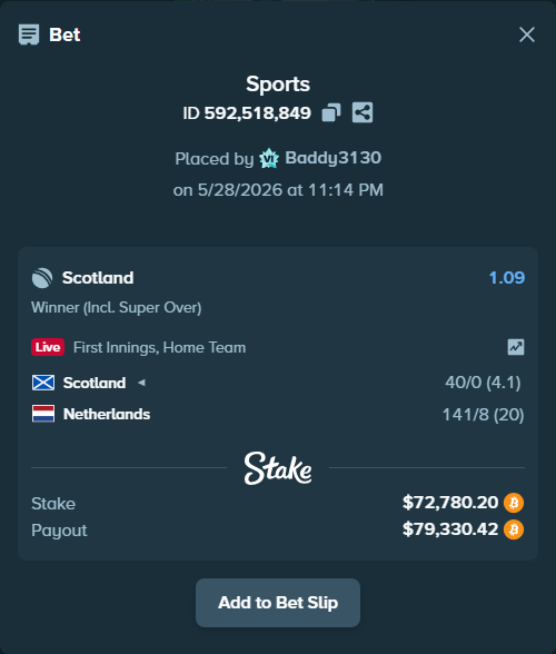 Bet slip: Scotland - Netherlands, $64,330.00 stake at 1.09 odds, placed by Baddy3130