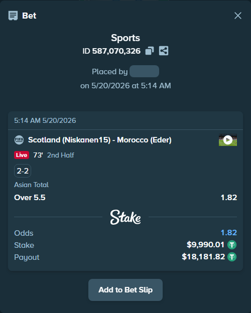 Bet slip: Scotland (Niskanen15) - Morocco (Eder), $10,000.00 stake at 1.82 odds, placed by wswrj2008