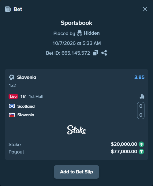 Bet slip: Scotland - Slovenia, $20,000.00 stake at 3.85 odds, placed by Hidden
