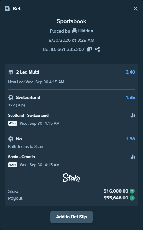 Bet slip: Scotland - Switzerland, $16,000.00 stake at 1.85 odds, placed by DMNTE96