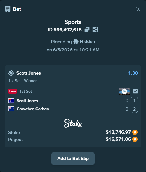 Bet slip: Scott Jones - Crowther, Corban, $12,866.00 stake at 1.30 odds, placed by Hidden