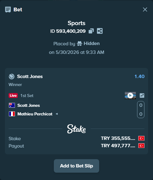 Bet slip: Scott Jones - Mathieu Perchicot, $10,666.65 stake at 1.40 odds, placed by Hidden