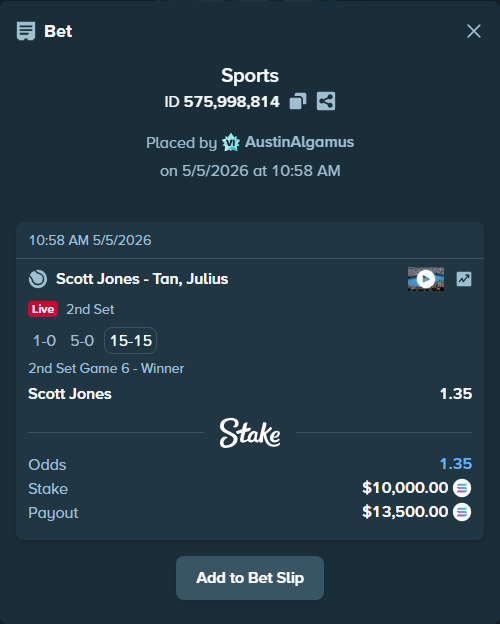 Bet slip: Scott Jones - Tan, Julius, $8,719.47 stake at 1.35 odds, placed by AustinAlgamus