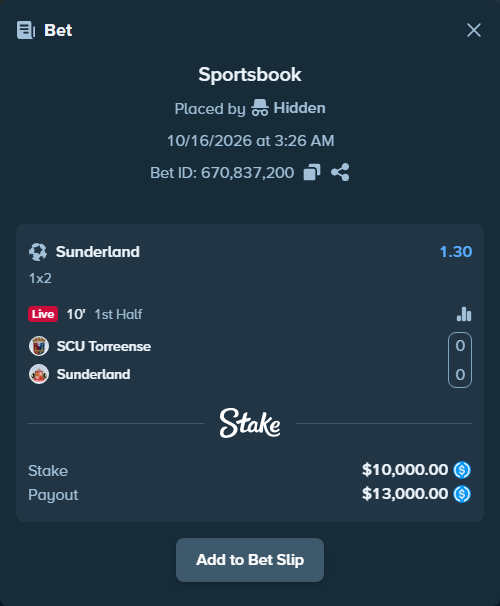 Bet slip: SCU Torreense - Sunderland, $10,000.00 stake at 1.30 odds, placed by mathiasjuel