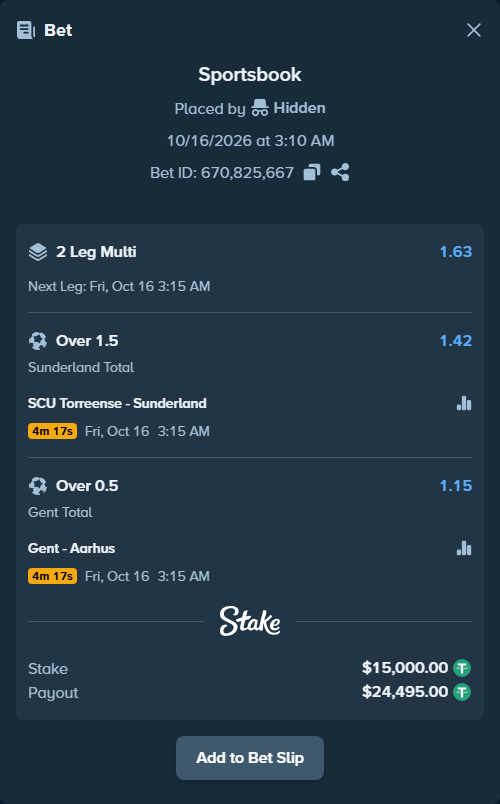 Bet slip: SCU Torreense - Sunderland, $15,015.00 stake at 1.42 odds, placed by Hidden