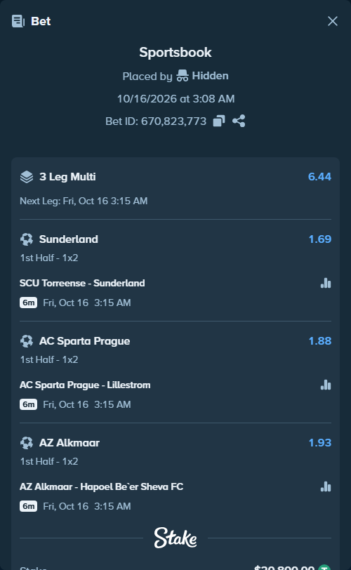 Bet slip: SCU Torreense - Sunderland, $20,820.80 stake at 1.69 odds, placed by Hidden