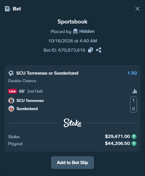 Bet slip: SCU Torreense - Sunderland, $29,500.47 stake at 1.50 odds, placed by Hidden