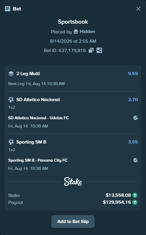 Bet slip: SD Atletico Nacional - Udelas FC, $13,571.63 stake at 2.70 odds, placed by Hidden