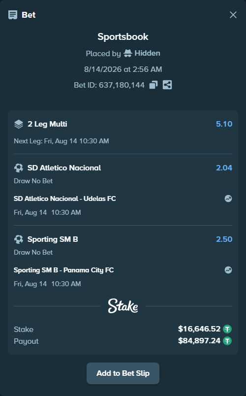 Bet slip: SD Atletico Nacional - Udelas FC, $16,663.16 stake at 2.04 odds, placed by Hidden