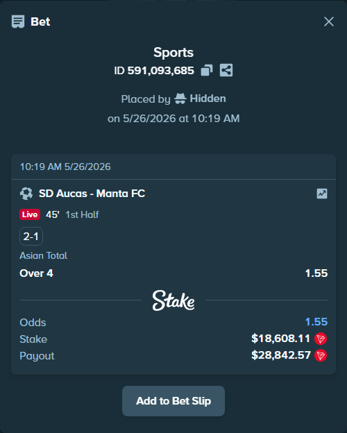 Bet slip: SD Aucas - Manta FC, $16,300.95 stake at 1.55 odds, placed by Hidden