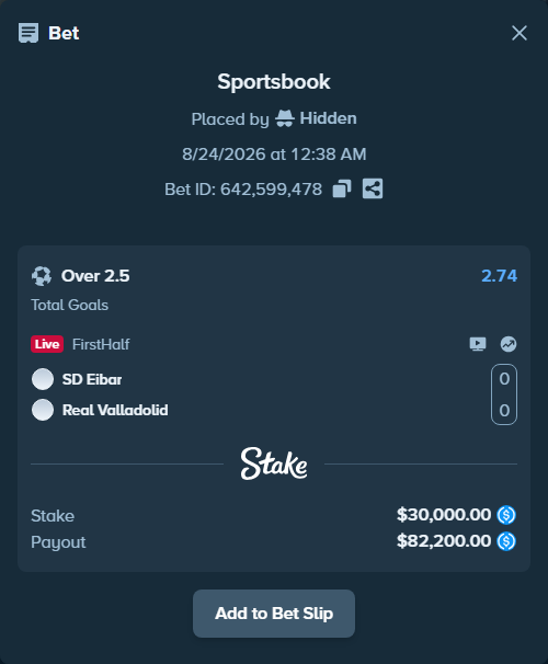 Bet slip: SD Eibar - Real Valladolid, $30,000.00 stake at 2.74 odds, placed by Hidden
