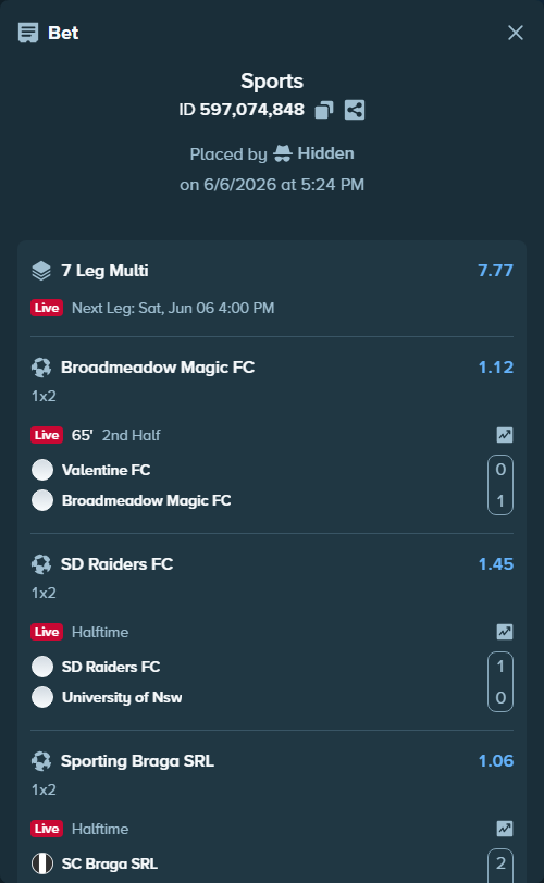 Bet slip: SD Raiders FC - University of Nsw, $10,000.00 stake at 1.45 odds, placed by Hidden