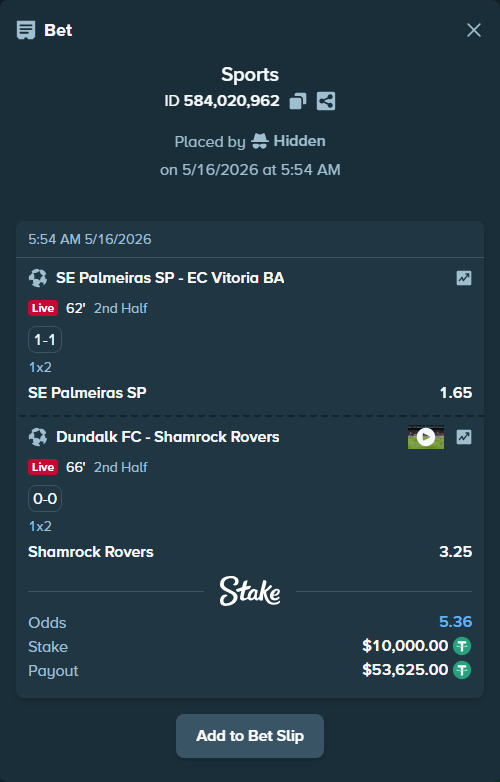 Bet slip: SE Palmeiras SP - EC Vitoria BA, $10,010.00 stake at 1.65 odds, placed by Hidden