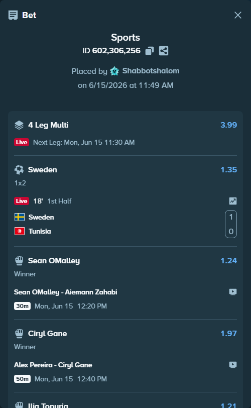 Bet slip: Sean OMalley - Aiemann Zahabi, $10,576.61 stake at 1.24 odds, placed by Shabbotshalom