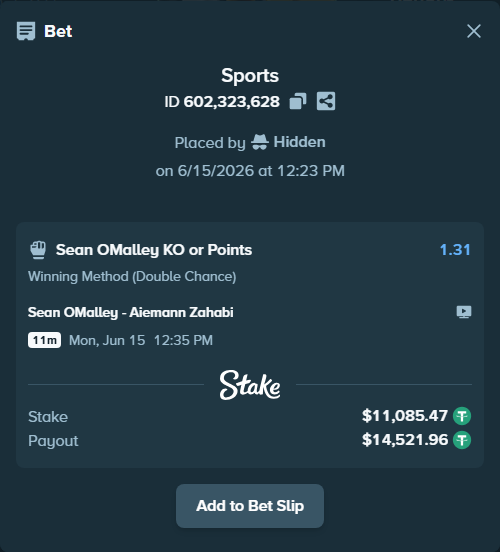 Bet slip: Sean OMalley - Aiemann Zahabi, $11,096.55 stake at 1.31 odds, placed by Hidden