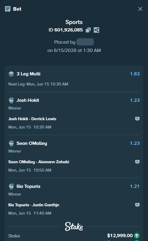 Bet slip: Sean OMalley - Aiemann Zahabi, $13,012.00 stake at 1.23 odds, placed by Newsstadion