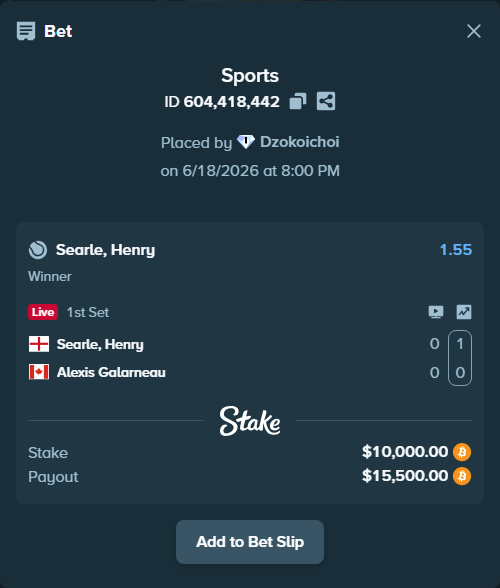Bet slip: Searle, Henry - Alexis Galarneau, $9,420.60 stake at 1.55 odds, placed by Dzokoichoi