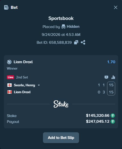 Bet slip: Searle, Henry - Liam Draxl, $145,320.66 stake at 1.70 odds, placed by Hidden