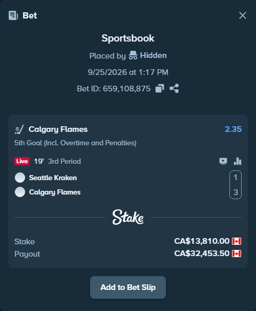 Bet slip: Seattle Kraken - Calgary Flames, $10,219.40 stake at 2.35 odds, placed by BHseh77
