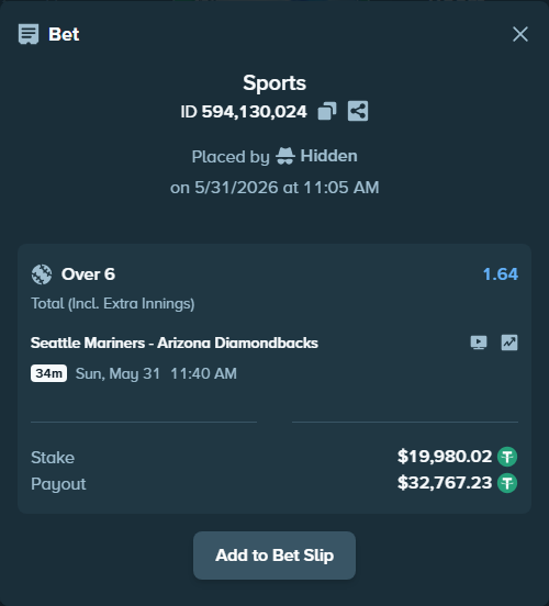Bet slip: Seattle Mariners - Arizona Diamondbacks, $20,000.00 stake at 1.64 odds, placed by dvento