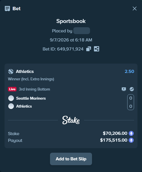 Bet slip: Seattle Mariners - Athletics, $70,247.75 stake at 2.50 odds, placed by Marvin123421