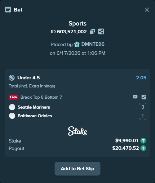 Bet slip: Seattle Mariners - Baltimore Orioles, $10,000.00 stake at 2.05 odds, placed by DMNTE96