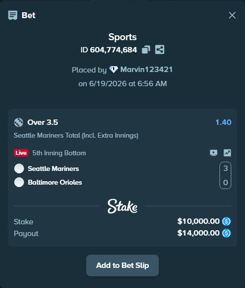 Bet slip: Seattle Mariners - Baltimore Orioles, $10,000.00 stake at 1.40 odds, placed by Marvin123421