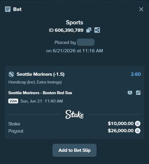 Bet slip: Seattle Mariners - Boston Red Sox, $9,955.79 stake at 2.60 odds, placed by abiltiuszn