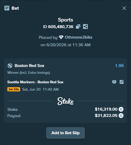 Bet slip: Seattle Mariners - Boston Red Sox, $16,619.71 stake at 1.95 odds, placed by Othmane2kiks