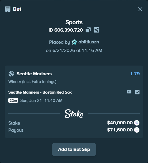 Bet slip: Seattle Mariners - Boston Red Sox, $39,823.16 stake at 1.79 odds, placed by abiltiuszn
