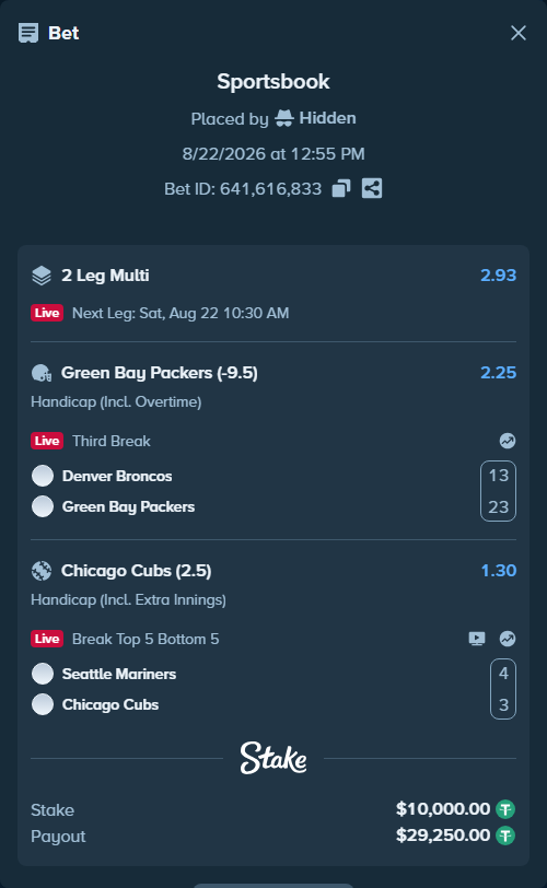 Bet slip: Seattle Mariners - Chicago Cubs, $10,000.00 stake at 1.30 odds, placed by Hidden