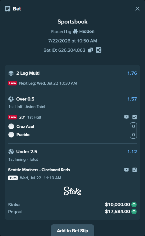 Bet slip: Seattle Mariners - Cincinnati Reds, $10,010.00 stake at 1.12 odds, placed by Hidden