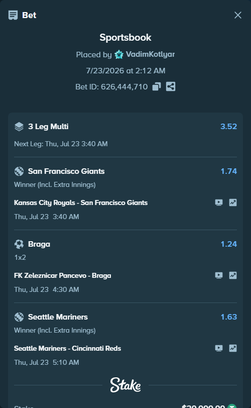 Bet slip: Seattle Mariners - Cincinnati Reds, $20,000.00 stake at 1.63 odds, placed by VadimKotlyar