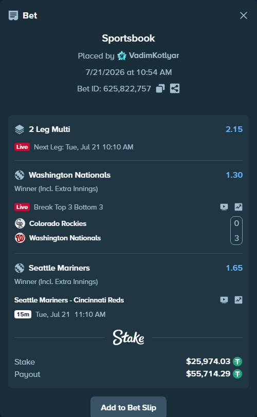 Bet slip: Seattle Mariners - Cincinnati Reds, $26,000.00 stake at 1.65 odds, placed by VadimKotlyar