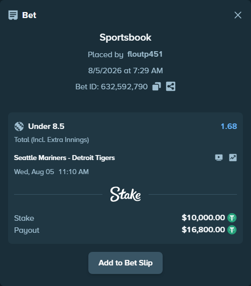 Bet slip: Seattle Mariners - Detroit Tigers, $10,010.00 stake at 1.68 odds, placed by floutp451