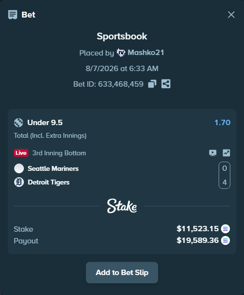 Bet slip: Seattle Mariners - Detroit Tigers, $11,500.50 stake at 1.70 odds, placed by Mashko21
