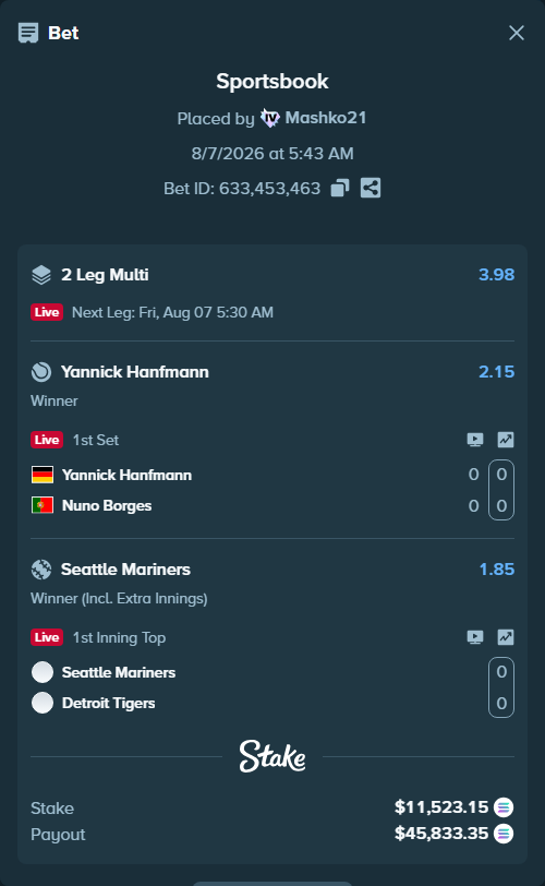 Bet slip: Seattle Mariners - Detroit Tigers, $11,499.82 stake at 1.85 odds, placed by Mashko21