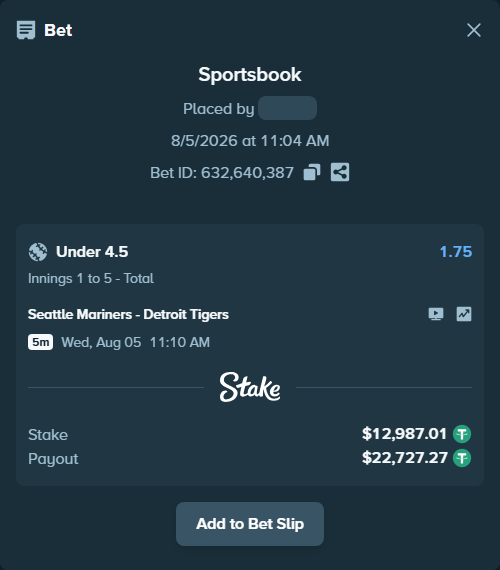 Bet slip: Seattle Mariners - Detroit Tigers, $13,000.00 stake at 1.75 odds, placed by Pepi1968