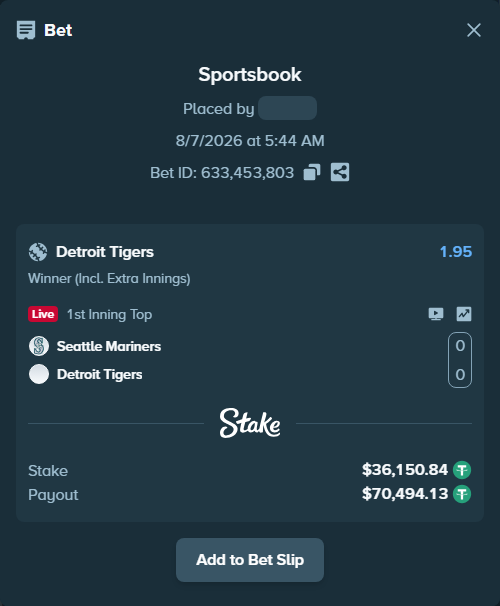 Bet slip: Seattle Mariners - Detroit Tigers, $36,186.99 stake at 1.95 odds, placed by narektinsea8
