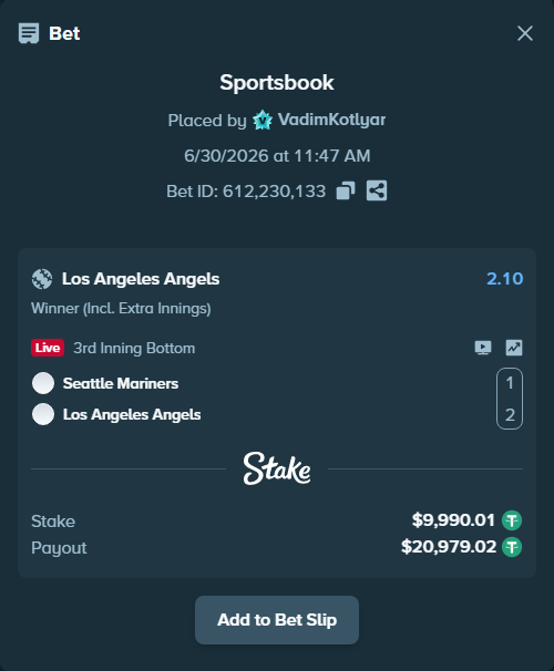 Bet slip: Seattle Mariners - Los Angeles Angels, $10,000.00 stake at 2.10 odds, placed by VadimKotlyar