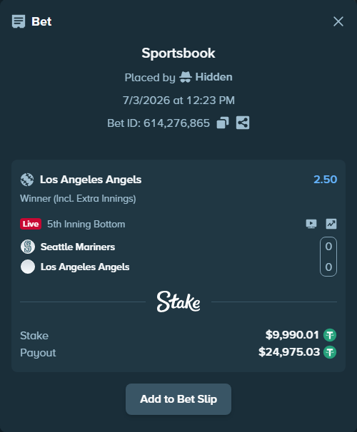Bet slip: Seattle Mariners - Los Angeles Angels, $10,000.00 stake at 2.50 odds, placed by Hidden
