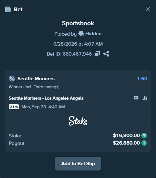 Bet slip: Seattle Mariners - Los Angeles Angels, $16,800.00 stake at 1.60 odds, placed by nandonzr